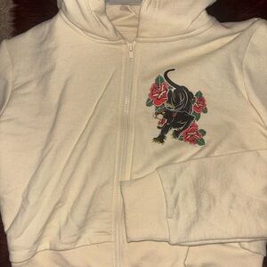 Ed Hardy Cream Hoodie with Panther and Roses